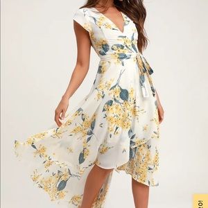 White and Yellow Floral Print High-Low Dress